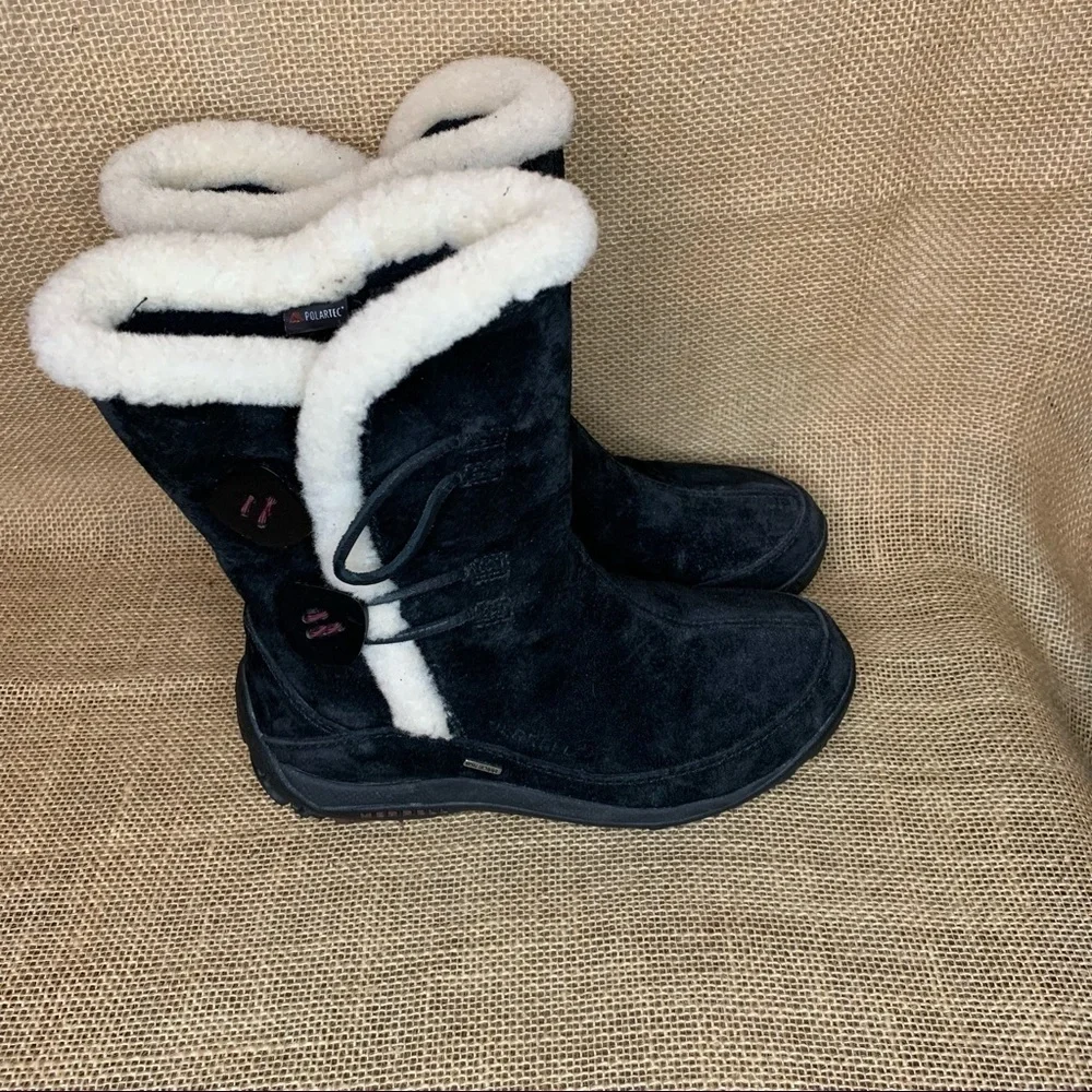 Merrell Yarra Women’s Black Leather Faux Fur Toggle Winter Snow Boots Size 5